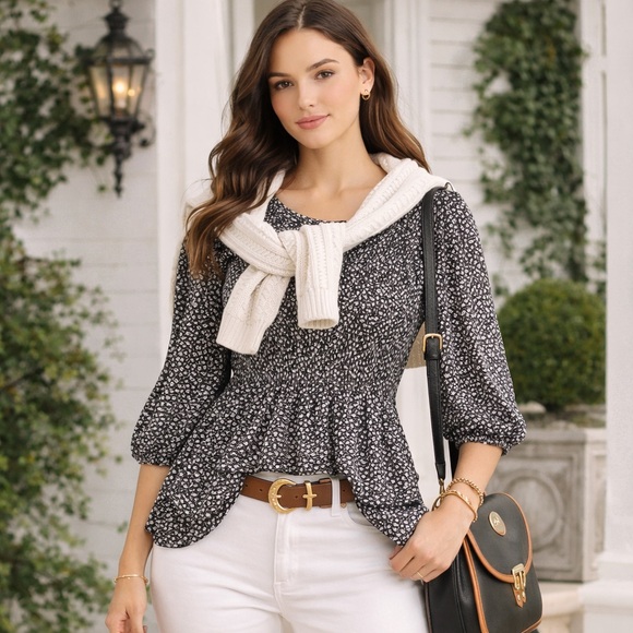 croft & barrow Tops - Croft & Barrow Women's Three-Quarter Sleeve Smocked Blouse